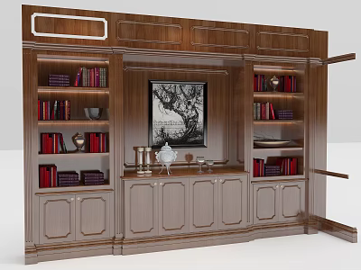 Wooden Bookshelf With Multiple Shelves Red Books Decorative Items Central Painting And Bottom Cabinet Doors 3d model