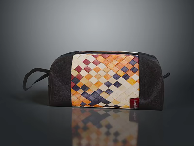 Woven Checkerboard Toiletry Bag In Orange Yellow Purple White With Dark Leather Body And Strap 3d model