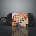 Woven Checkerboard Toiletry Bag In Orange Yellow Purple White With Dark Leather Body And Strap