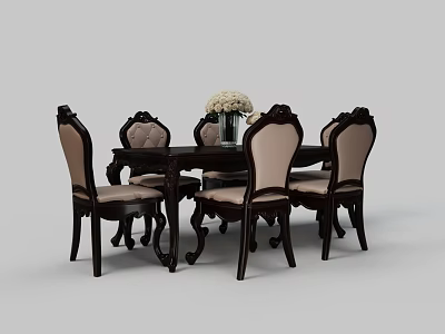 Elegant Dark Wood Dining Table And Chairs Set With Carved Details And White Flower Vase 3d model