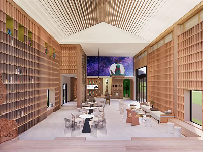 Hotel Public Lounge With Wooden Latticed Ceiling Large Screen And Comfortable Seating 3d model