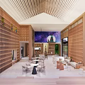 Hotel Public Lounge With Wooden Latticed Ceiling Large Screen And Comfortable Seating