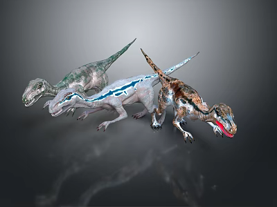 Realistic Dinosaur Creatures With Three Different Species In Colorful Dynamic Poses 3d model