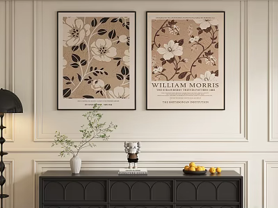 William Morris Botanical Paintings With Floral And Leaf Patterns In Black Framed Wall Decor 3d model