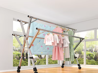 Foldable Clothes Drying Rack With Wheels Holding Baby Clothes Towels Quilt In Room With Window 3d model