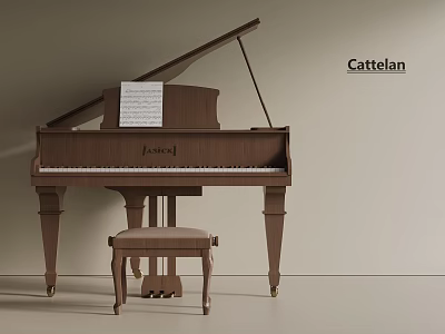 Classic Brown Piano With Stool Music Sheet And Cattelan Brand 3d model