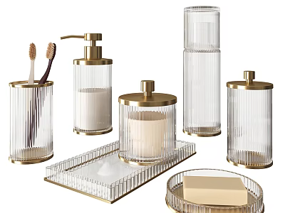 Modern Bathroom Accessories Set With Transparent Glass And Golden Rim Design 3d model