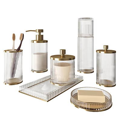 Modern Bathroom Accessories Set With Transparent Glass And Golden Rim Design 3d model