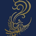 Ornate Golden Phoenix Carving Design with Intricate Patterns on Dark Blue Background