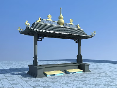 Chinese Style Pavilion Ornament Decoration Set With Black Roof Golden Gourd Top And Dragon Ornaments 3d model