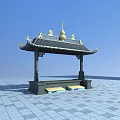 Chinese Style Pavilion Ornament Decoration Set With Black Roof Golden Gourd Top And Dragon Ornaments
