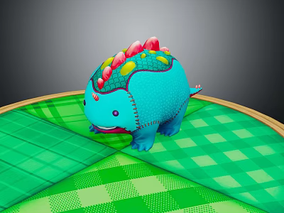 Cute Blue Dinosaur Game Movie Character With Colorful Back Protrusions On Green Checkered Platform 3d model
