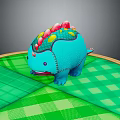 Cute Blue Dinosaur Game Movie Character With Colorful Back Protrusions On Green Checkered Platform