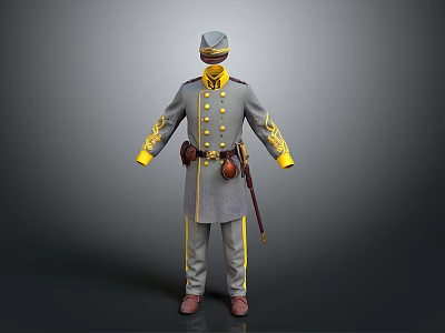 Gray Military Uniform With Yellow Decorative Accents Hat Belt And Long Staff 3d model