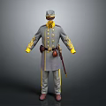 Gray Military Uniform With Yellow Decorative Accents Hat Belt And Long Staff