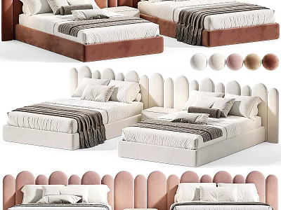 Cozy Upholstered Kids Beds With Scalloped Headboard In White Pink Brown Tones And Pillows 3d model