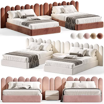 Cozy Upholstered Kids Beds With Scalloped Headboard In White Pink Brown Tones And Pillows 3d model