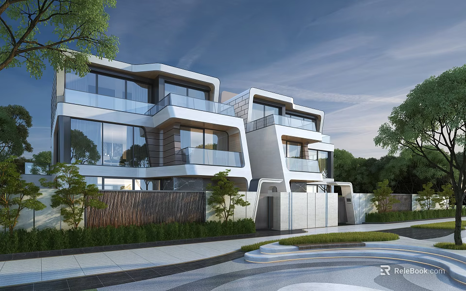 Modern Semi Detached Villa Exterior With Glass Facade Balconies And Landscaped Garden 3d model 
