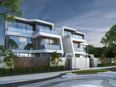 Modern Semi Detached Villa Exterior With Glass Facade Balconies And Landscaped Garden 3d model