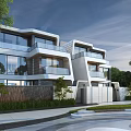 Modern Semi Detached Villa Exterior With Glass Facade Balconies And Landscaped Garden
