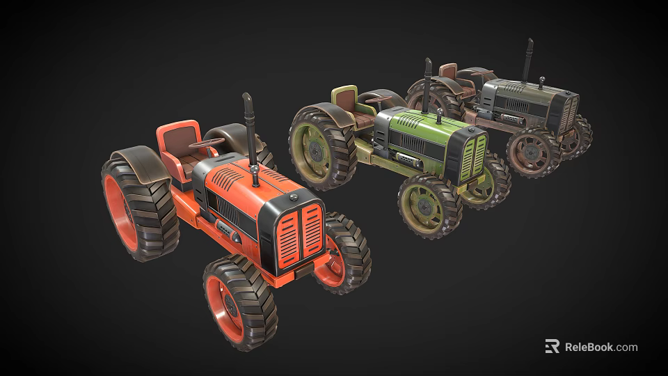 Three Colorful Vintage Utility Tractors with Large Wheels Classic Design and Retro Style 3d model 