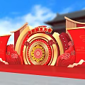 Traditional Chinese Stage with Red Golden Decor Circular Pattern and Architectural Culture Elements 3d model