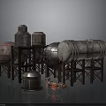 Industrial Storage Tanks And Metal Barrels With Steel Frames And Pipes