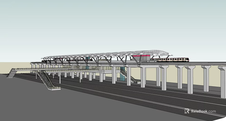 Modern Train Station Platform Structure With Glass Roof And Concrete Columns 3d model 
