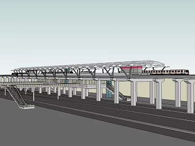 Modern Train Station Platform Structure With Glass Roof And Concrete Columns 3d model