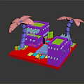 Vibrant Cartoon Scene With Pink Palm Trees Purple Buildings Green Roofs And Red Ground