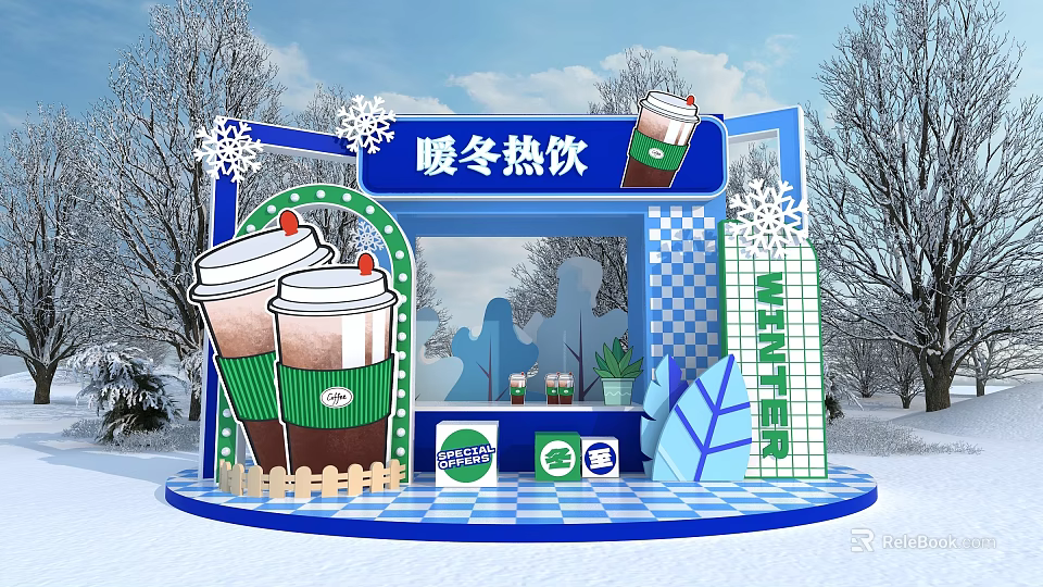 Warm Winter Hot Drinks Display Stand With Snowy Scene And Cup Graphics 3d model