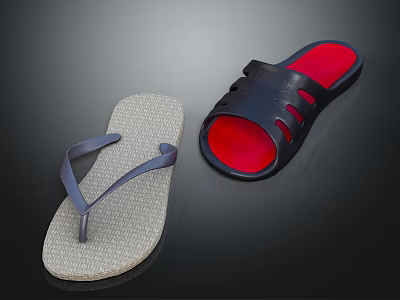 Light Gray Woven Flip Flops And Black Open Toe Slippers With Red Insole 3d model