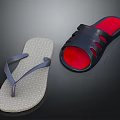 Light Gray Woven Flip Flops And Black Open Toe Slippers With Red Insole