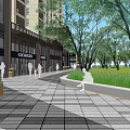 Modern Commercial Landscape Featuring Glass Building Outdoor Plaza Green Trees Tables And Balloons