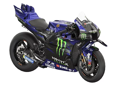 Blue Yamaha Racing Motorcycle With Monster Energy Logo And Sponsor Decals 3d model