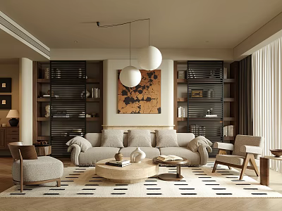 Modern Living Room Interior with Cozy Sofa Geometric Rug Pendant Lights and Decorative Bookshelves 3d model