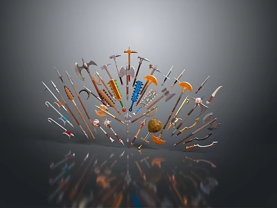 Collection of Various Weapons in Circular Arrangement Featuring Swords Axes Spears Bows and Arrows 3d model