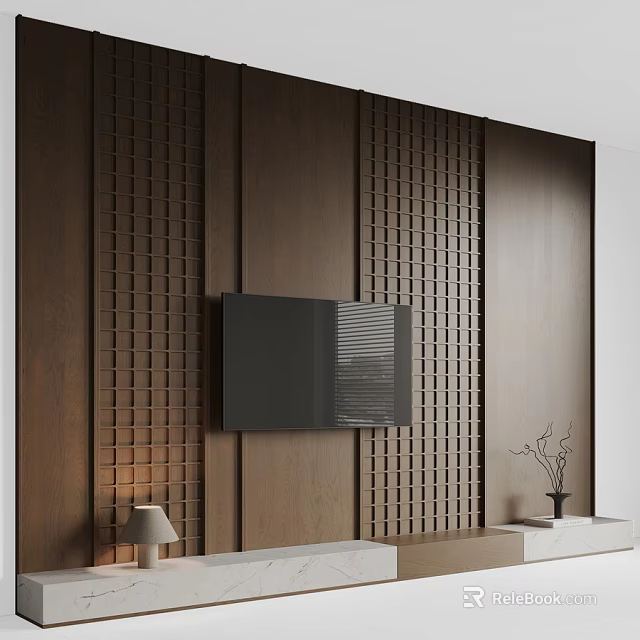 Modern Wooden TV Background Wall with Grid Pattern Flat Screen TV and Decorative Lighting 3d model