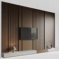 Modern Wooden TV Background Wall with Grid Pattern Flat Screen TV and Decorative Lighting 3d model