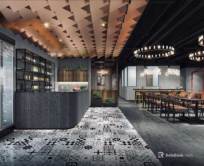 Modern Restaurant Interior With Triangular Ceiling Chandeliers Dining Tables And Patterned Floor 3d model 
