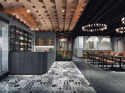 Modern Restaurant Interior With Triangular Ceiling Chandeliers Dining Tables And Patterned Floor 3d model
