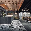 Modern Restaurant Interior With Triangular Ceiling Chandeliers Dining Tables And Patterned Floor