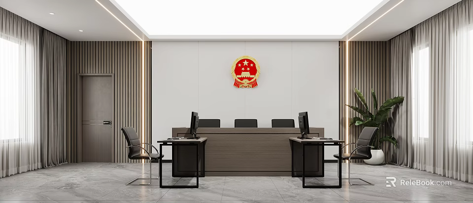 Modern Court Interior With Official Badge Wooden Desk Computers Chairs And Plant 3d model 