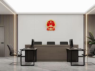 Modern Court Interior With Official Badge Wooden Desk Computers Chairs And Plant 3d model