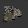 Modern Rock Landscape Sculpture With Green Mossy Structures And Textured Surfaces