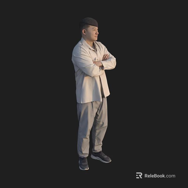 A Man Standing with Arms Crossed Wearing Light Shirt and Gray Pants Against Black Background 3d model 