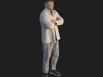 A Man Standing with Arms Crossed Wearing Light Shirt and Gray Pants Against Black Background 3d model