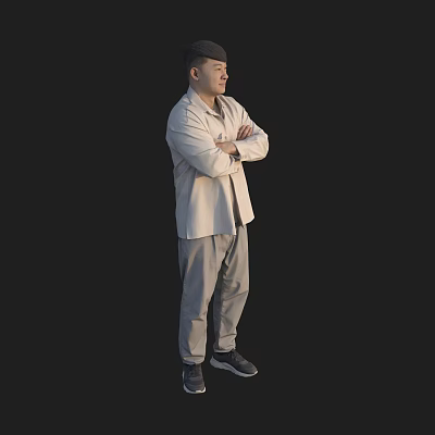 A Man Standing with Arms Crossed Wearing Light Shirt and Gray Pants Against Black Background 3d model