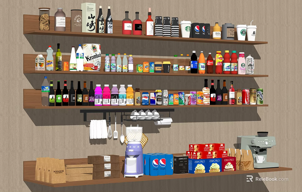 Assorted Beverages on Shelf Display with Bottled Canned Boxed Drinks Coffee Machine Cups and Paper Bags 3d model 