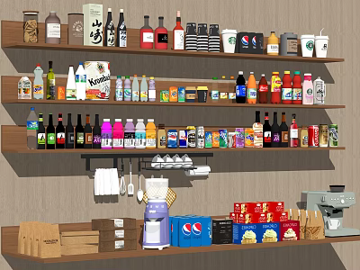Assorted Beverages on Shelf Display with Bottled Canned Boxed Drinks Coffee Machine Cups and Paper Bags 3d model